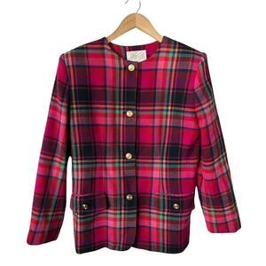 Lord & Taylor Pink Plaid Blazer with Gold Accents